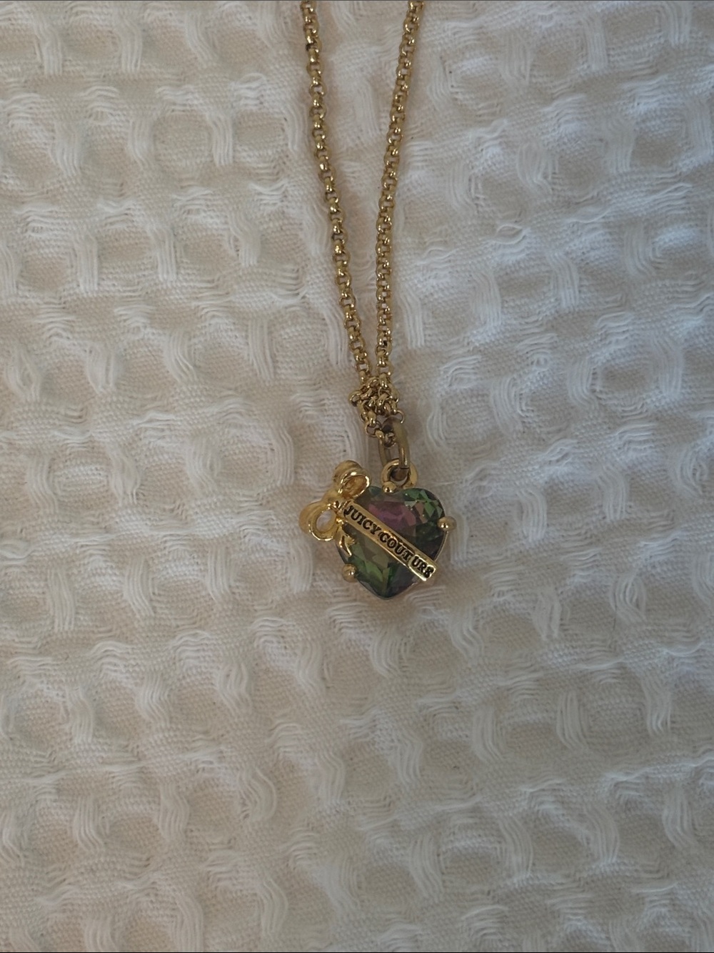 Juicy Couture Gold Tone Heart Pendant Necklace with Iridescent Green Crystal
